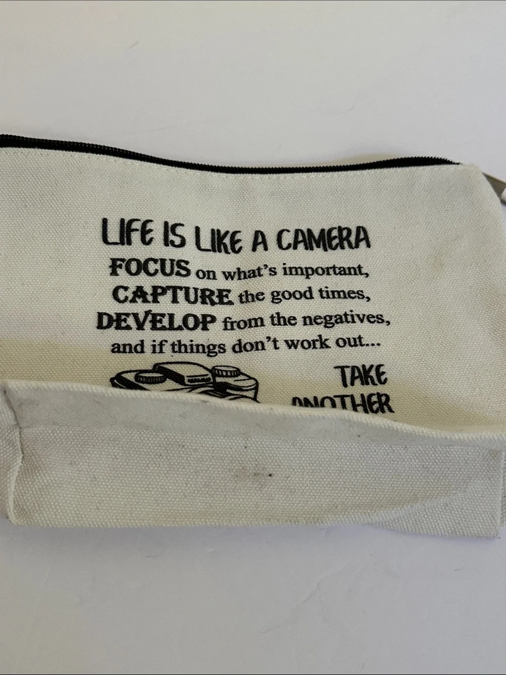 Canvas Camera Quote Life is Like a Camera Zipper Pouch - White New Without Tag